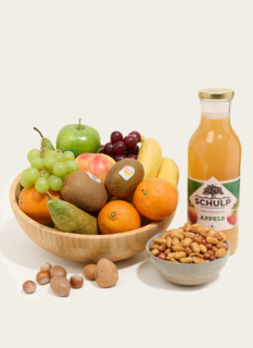 Fruitmand Cadeaubox met Fruitsap en Notenmix